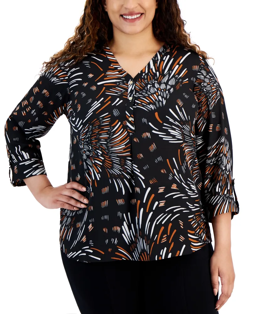 Jm Collection Plus V-Neck Buttoned-Cuff Top, Created for Macy's