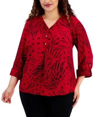 Jm Collection Plus Size V-Neck Buttoned-Cuff Top, Created for Macy's