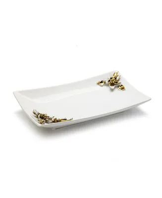 Porcelain Tray with Gold-Tone and White Flower on Handles