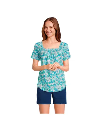 Lands' End Women's Short Sleeve Light Weight Smocked Square Neck Top