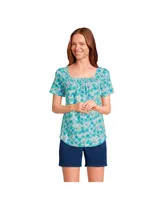 Lands' End Women's Short Sleeve Light Weight Smocked Square Neck Top