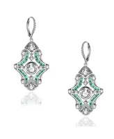 Genevive White Gold Plated with Green & Cubic Zirconia Art Deco Lever Back Earrings in Sterling Silver