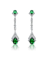 Genevive Sterling Silver With White Gold Plated Clear And Green Cubic Zirconia Double Haloed Drop Earrings