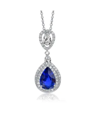 Rachel Glauber White Gold Plated Clear Pear with Marquise and Round Cubic Zirconia Double Halo Dangle Pendant Necklace
