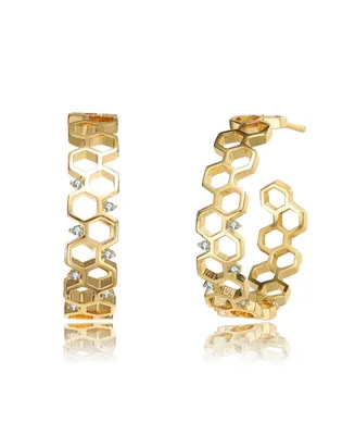 Rachel Glauber 14K Gold Plated Clear Round Cubic Zirconia Open Hoop Earrings