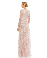 Mac Duggal Women's Floral Applique Long Sleeve Illusion Gown