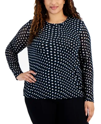 I.n.c. International Concepts Plus Printed Mesh Top, Created for Macy's