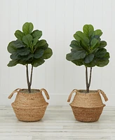 Artificial Fiddle 3' Leaf Fig Tree with Handmade Cotton Jute Woven Planter Diy Kit, Set of 2