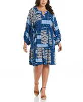 Ella Rafaella Plus Paisley Print Flounce Long Sleeve Dress with Self Fabric Tie