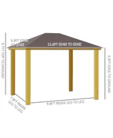 Outsunny 10x12 Galvanized Steel Gazebo with Wooden Frame, Permanent Metal Roof Gazebo Canopy for Garden, Patio, Backyard, Brown