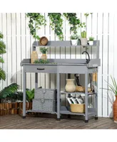 Outsunny Potting Bench Table, Includes Removable Outdoor Sink Station with Hose Hook Up, Wooden Work Station with Faucet, Drawer, Shelves, Hooks, Gray