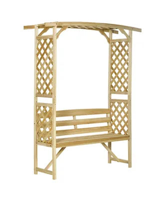 Outsunny Patio Garden Bench Arbor Arch with Pergola and 2 Trellises, 3 Seat Natural Wooden Outdoor Bench for Grape Vines & Climbing Plants, Backyard D