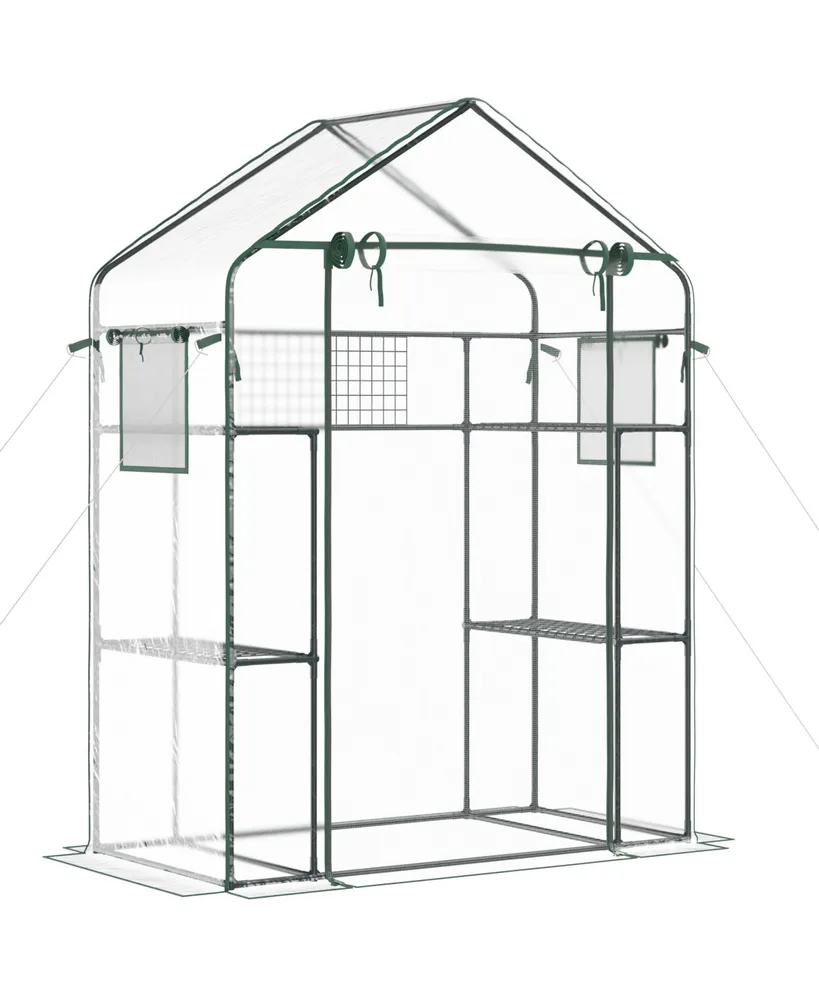 Outsunny Outdoor Walk-in Mini Greenhouse with Mesh Door & Windows, Small Portable Garden Hot House with 6 Shelves, Trellis, & Plant Labels