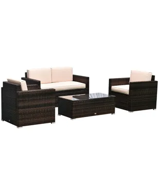 Outsunny 4-Piece Rattan Wicker Furniture Set, Outdoor Cushioned Conversation Furniture with 2 Chairs, Loveseat, and Glass Coffee Table