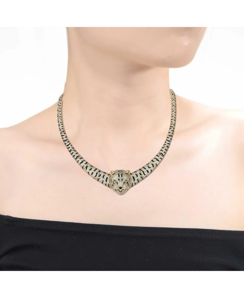 Rachel Glauber Glamorous 14K Gold Plated Necklace with Cubic Zirconia Leopard Design