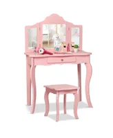 Costway Vanity Table Set Makeup Dressing Kids Stool Mirror