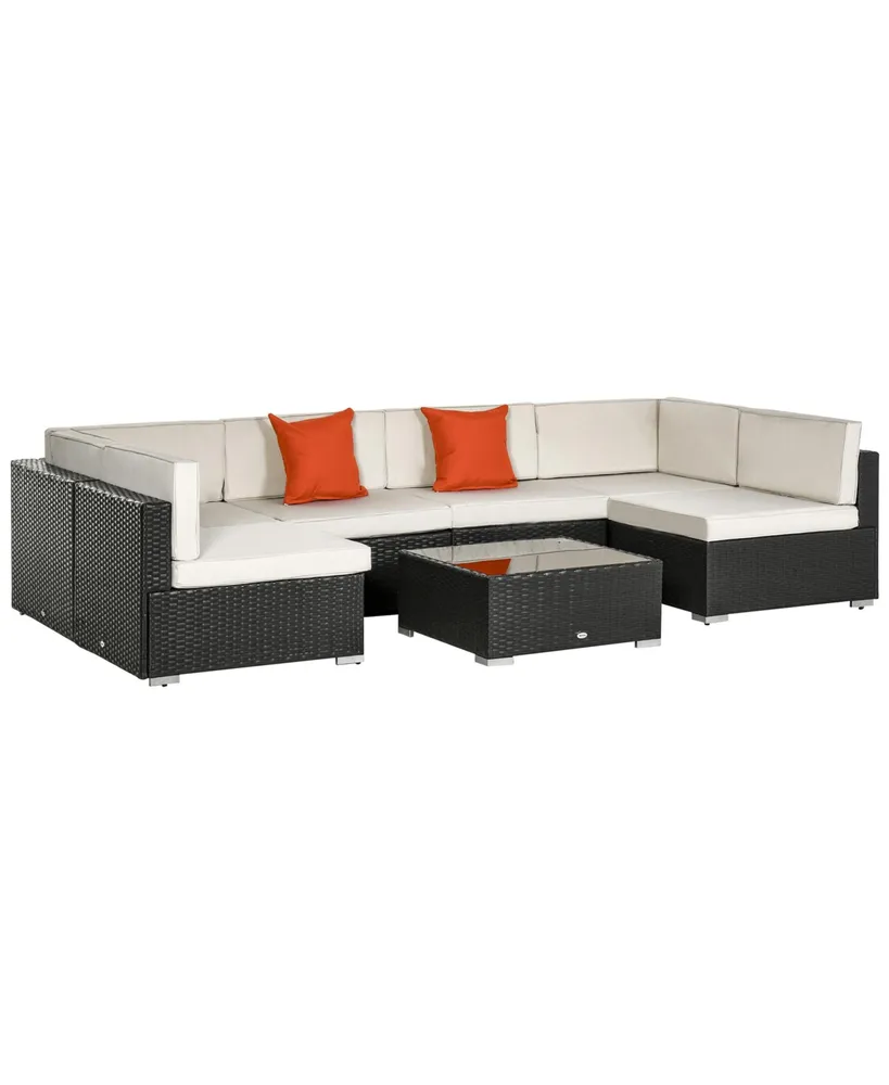 Outsunny 7 Piece Outdoor Patio Conversation Wicker Sofa Set with 6 Cushioned Sectionals & 1 Glass-Topped Coffee Table