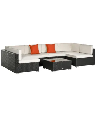 Outsunny 7 Piece Outdoor Patio Conversation Wicker Sofa Set with 6 Cushioned Sectionals & 1 Glass-Topped Coffee Table