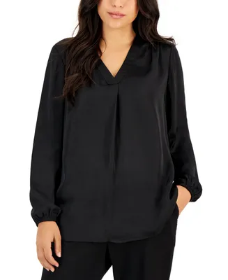 Ak Anne Klein Petite Long-Sleeve V-Neck Pleated-Front Blouse