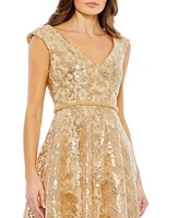 Mac Duggal Women's Sequined V Neck Cap Sleeve Dress