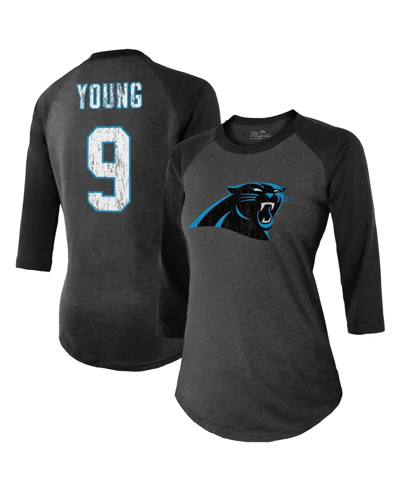 Women's Majestic Threads Bryce Young Black Carolina Panthers 3/4 Sleeve Raglan Tri-Blend Player Name and Number T-shirt