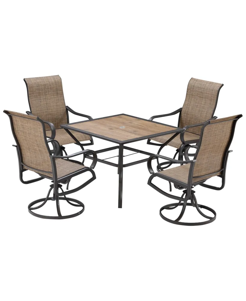 Outsunny 5 Piece Garden Patio Dining Furniture, Outdoor Conversation Set, 37" Dinner Table with Umbrella Hole, 4 Rocking Swivel Chairs for Garden, Law