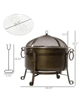 Outsunny 30" Outdoor Fire Pit Grill, Portable Steel Wood Burning Bowl, Cooking Grate, Poker, Spark Screen Lid for Patio, Backyard, Bbq, Camping, Bronz