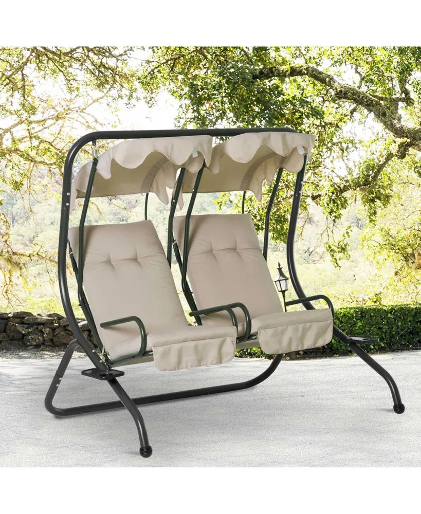 Outsunny Modern 2-Seater Outdoor Patio Swing Chair, Porch Seats with Cup Holder and Removable Canopy