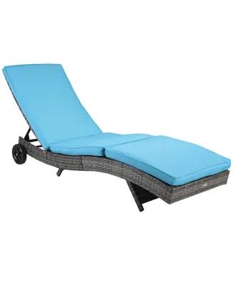 Outsunny Reclining Chaise Lounge Chair, Thickly Cushioned, Rolling Outdoor Plastic Rattan Sun Bathing Chair /w Wheels for Poolside, Pool, Patio, Sky B