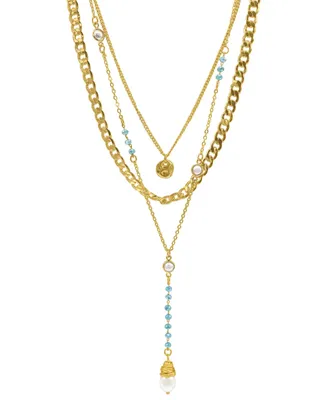 Adornia 17-19" Adjustable 14K Gold Plated Turquoise Beaded Layered Freshwater Pearl Necklace