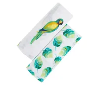 Gots Certified Organic Muslin Swaddle - Two-Pack Gift Set, Tropical Paradise (Parrot + Leaf)