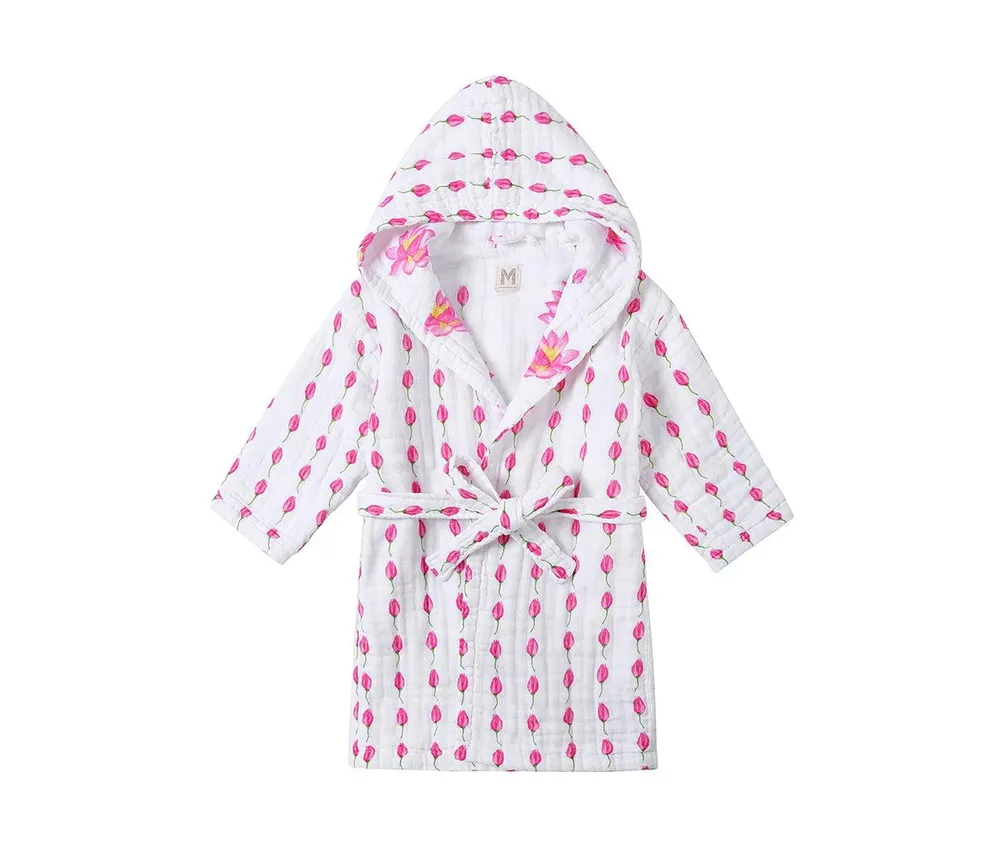 Gots Certified Organic Cotton Muslin Hooded Reversible Bath Robe For Infant, Enchanted Garden (Size 6-12M), Girls