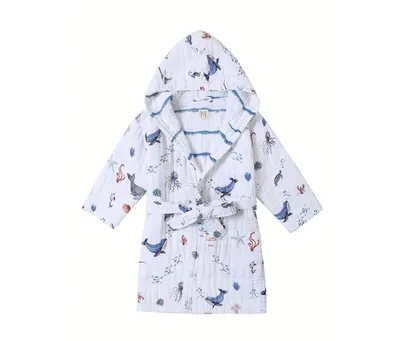 Gots Certified Organic Cotton Muslin Hooded Reversible Bath Robe For Child, Under The Sea (Size 5-6Y), Unisex