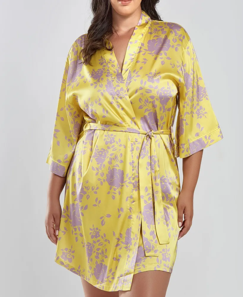 ICollection Plus Satin Print 2 Piece Notched Short Sleeve and Shorts Pajama  Set - Yellow