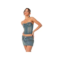 Women's Studded Washed Denim Lace Up Corset Top