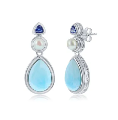 Sterling Silver Pearshaped Larimar with Fwp & Tanzanite Cz Earrings