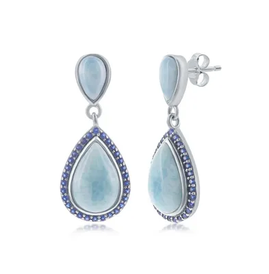 Sterling Silver Double Pear-Shaped Larimar and Sapphire Cz Earrings