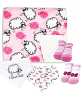 Baby Mode Baby Girls Minky Blanket, Bibs and Socks, 5 Piece Set