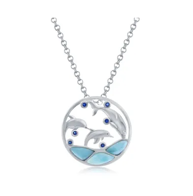 Sterling Silver Larimar & Cz Diving Dolphins Round Necklace