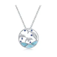 Sterling Silver Larimar & Cz Diving Dolphins Round Necklace