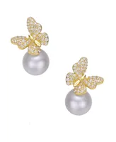 14k Yellow Gold Plated with Pearl Cubic Zirconia Butterfly Earrings in Sterling Silver