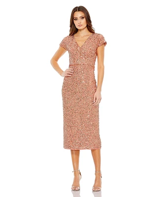 Women's Sequined Short Sleeve Wrap Over Cocktail Dress