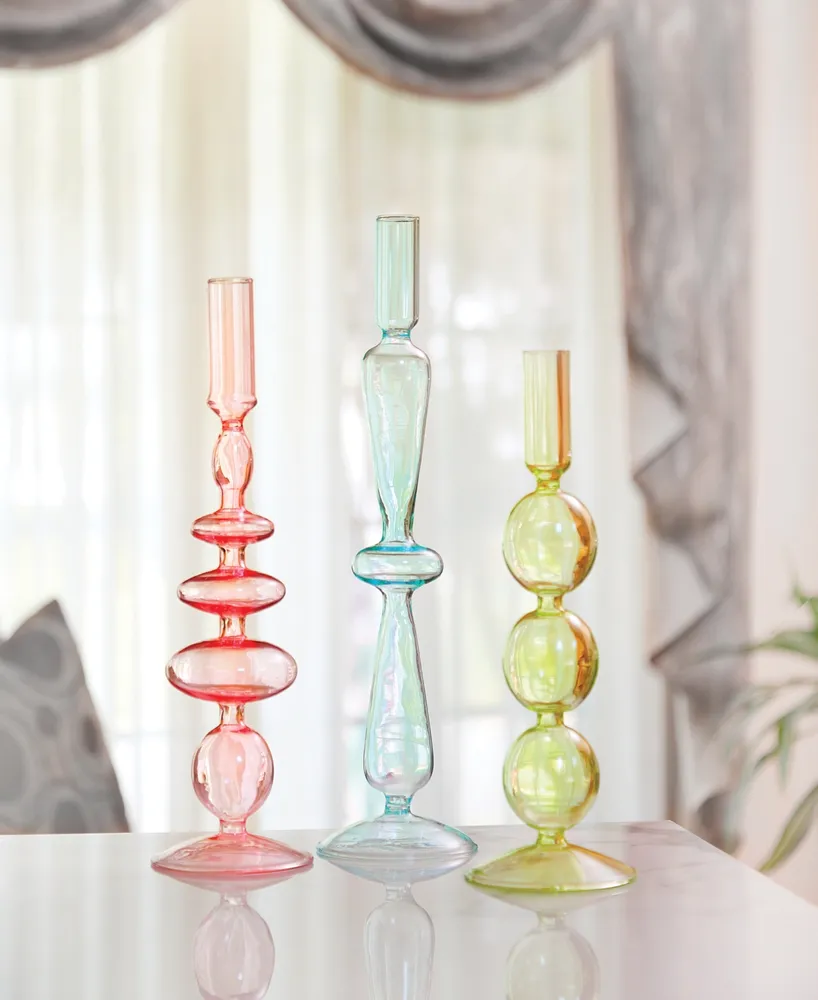 Aurora Glass 3- Piece 9.5", 11", 12" Tall Assorted Color Candlesticks