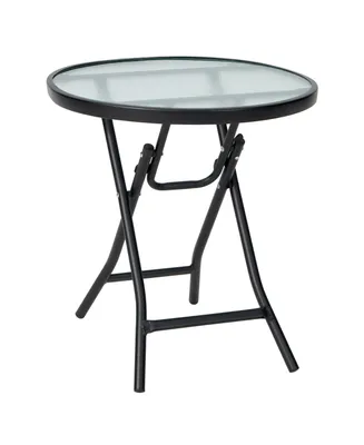 Costway Patio Folding Round Glass Side Table Bistro Coffee Table Plant Stand
