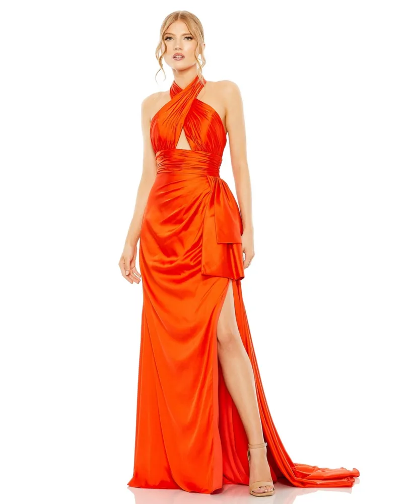 Mac Duggal Women's Halter Neck Ruffle Side Slit Gown