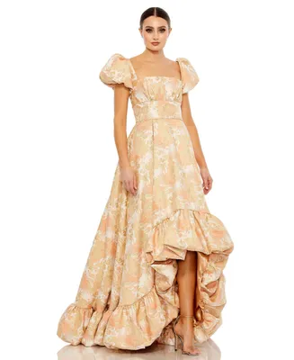 Mac Duggal Women's Floral Print Puff Sleeve Hi-Lo Brocade Gown