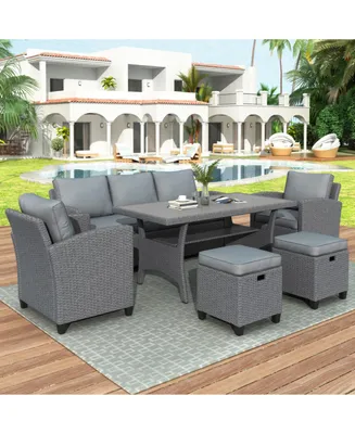 Simplie Fun 6-Piece Outdoor Rattan Wicker Set Patio Garden Backyard Sofa, Chair, Stools And Table