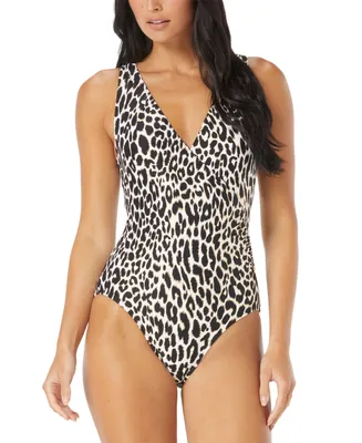 Carmen Marc Valvo Women's Animal-Print Surplice One-Piece Swimsuit