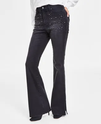 I.n.c. International Concepts Women's High-Rise Rhinestone-Studded Flare Jeans, Created for Macy's