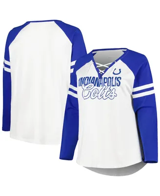 Women's Fanatics Royal, White Indianapolis Colts Plus Size True to Form Lace-Up V-Neck Raglan Long Sleeve T-shirt